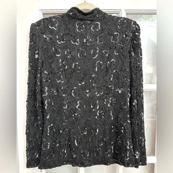 Vintage Stenay Black Hand Beaded Sequin 100% Silk Jacket Top Wimens Size Small S